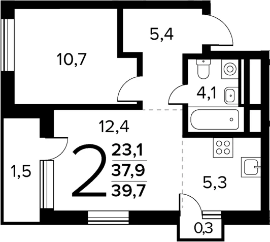 Планировка: Евродвушка 37,9 м² в ЖК «Новые Ватутинки Квартал у реки»