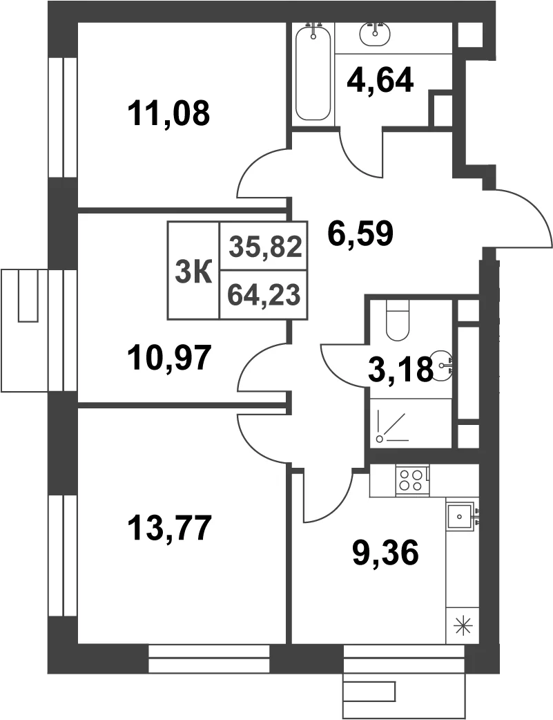 Планировка: 3-комнатная квартира 64,2 м² в ЖК «Смарт Гарден»