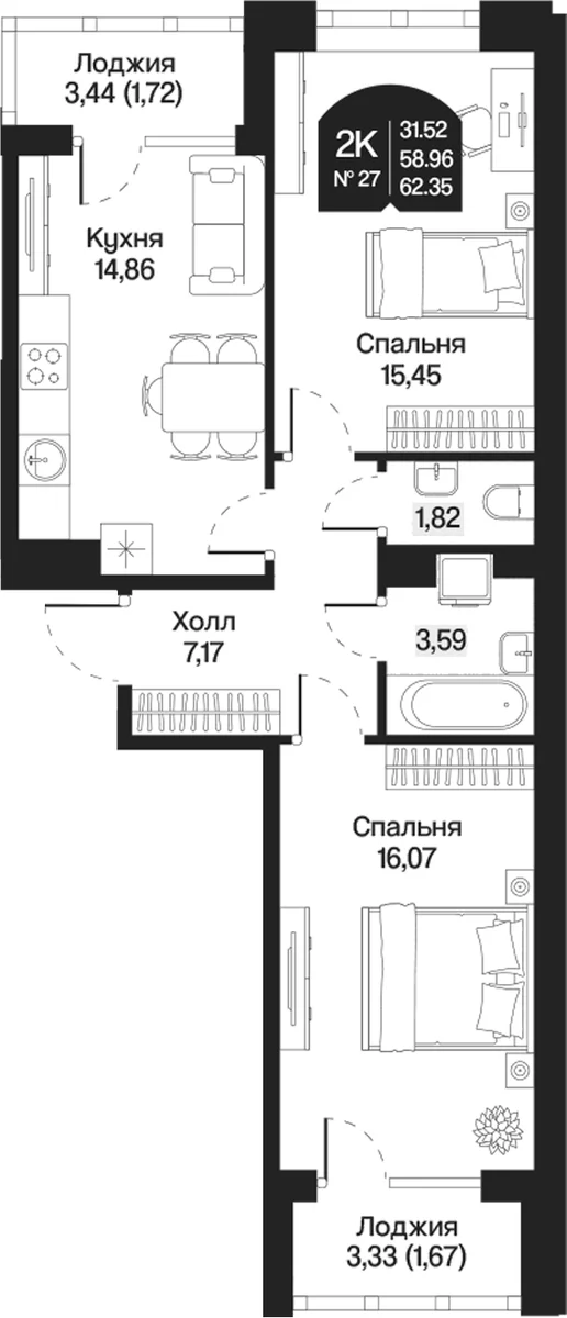 Планировка: 2-комнатная квартира 59 м² в ЖК «Охтинские высоты»