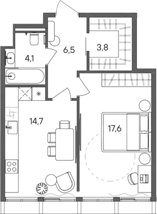 Планировка: 1-комнатная квартира 46,7 м² в ЖК «СТОУН Сокольники»