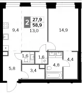 Планировка: Евродвушка 58,9 м² в ЖК «Амбер Сити»