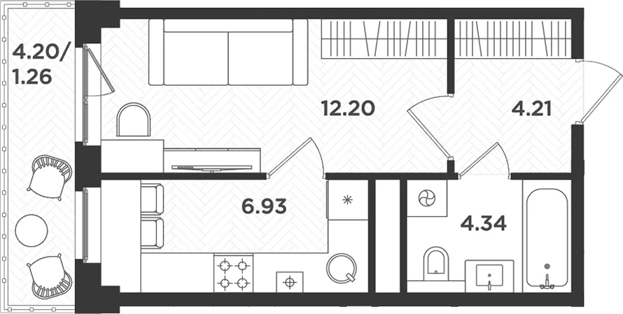 Планировка: 1-комнатная квартира 27,7 м² в ЖК «Новокасимово»