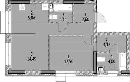 Планировка: Евродвушка 51,7 м² в ЖК «N'ICE LOFT»