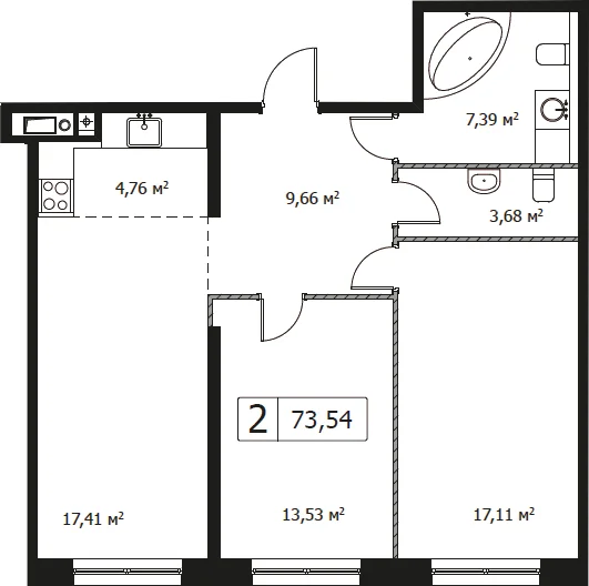 Планировка: Евротрёшка 73,5 м² в ЖК «Парковый квартал СЕЛФ»