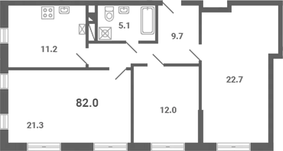 Планировка: 3-комнатная квартира 82 м² в ЖК «Южная Долина»