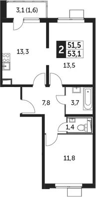 Планировка: 2-комнатная квартира 51,5 м² в ЖК «Южная Битца»