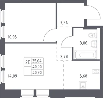 Планировка: Евродвушка 40,9 м² в ЖК «Космический Квартал»