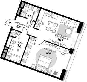 Планировка: 1-комнатная квартира 48 м² в ЖК «СберСити»