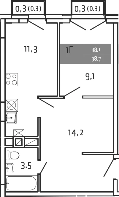 Планировка: 1-комнатная квартира 38,1 м² в ЖК «Южная Долина»