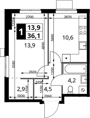 Планировка: 1-комнатная квартира 36,1 м² в ЖК «1-й Измайловский»