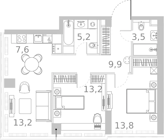 Планировка: Евротрёшка 66,4 м² в ЖК «Ривер Парк Кутузовский»