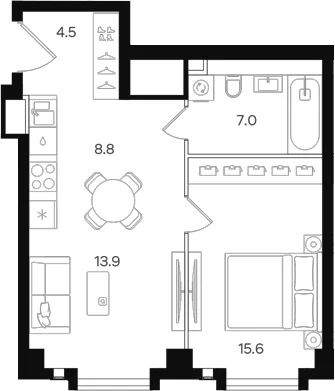 Планировка: Евродвушка 49,8 м² в ЖК «АУРА»