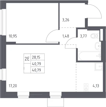 Планировка: Евродвушка 40,8 м² в ЖК «Подольские кварталы»