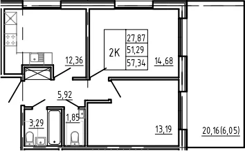 Планировка: 2-комнатная квартира 51,3 м² в ЖК «Bereg. Курортный»