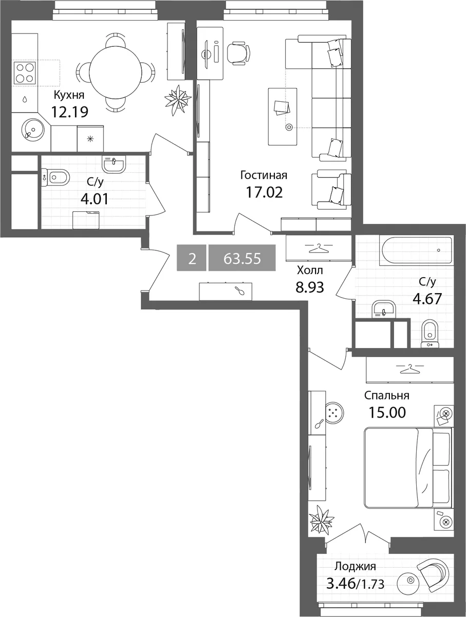 Планировка: 2-комнатная квартира 61,8 м² в ЖК «Планерный квартал»