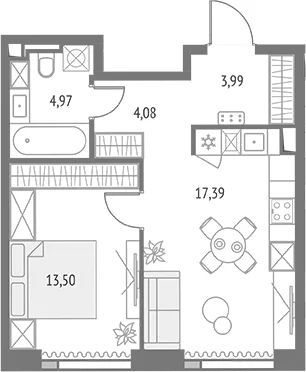 Планировка: Евродвушка 43,9 м² в ЖК «Апсайд Тауэрс»