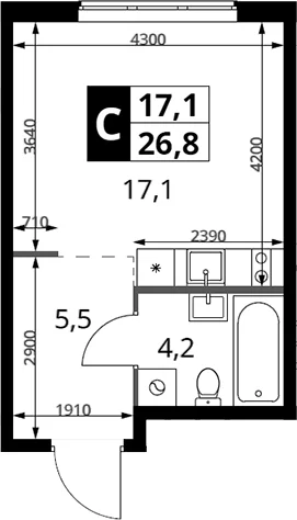 Планировка: Студия 26,8 м² в ЖК «1-й Измайловский»