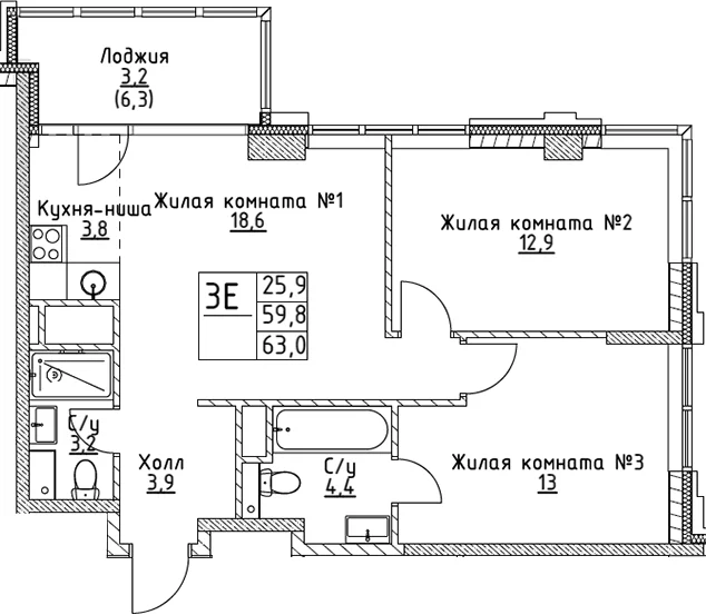 Планировка: Евротрёшка 59,8 м² в ЖК «ВЭРИ на Миклухо-Маклая»