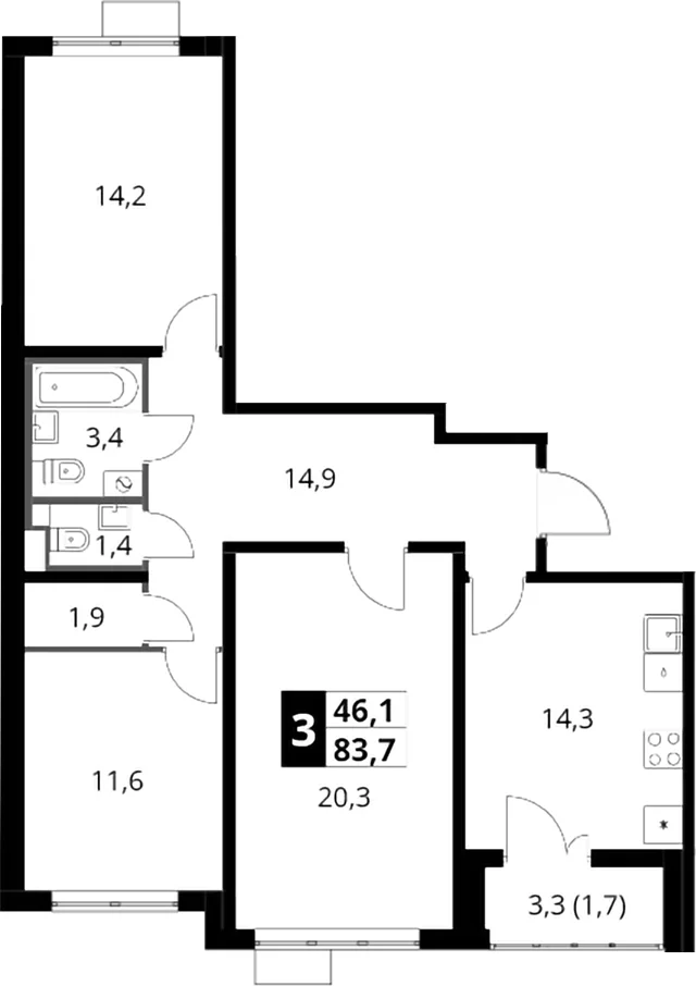 Планировка: 3-комнатная квартира 82 м² в ЖК «Южная Битца»