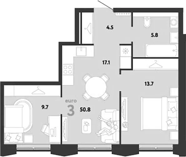 Планировка: Евротрёшка 50,8 м² в ЖК «Страна.Заречная»
