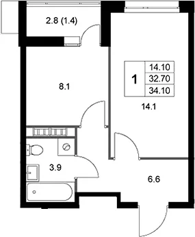 Планировка: 1-комнатная квартира 32,7 м² в ЖК «Легенда Коренево»