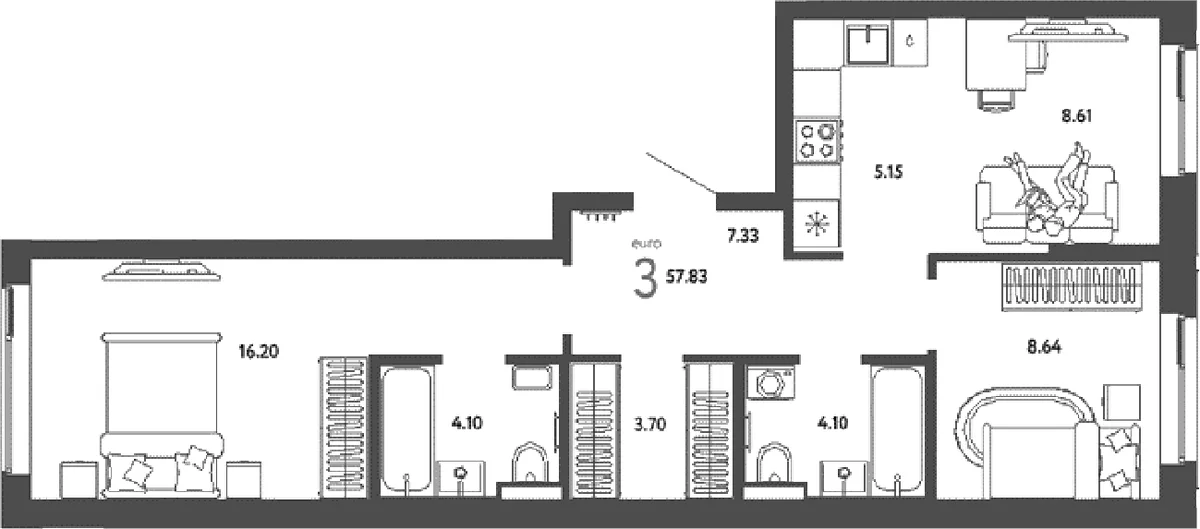 Планировка: Евротрёшка 57,8 м² в ЖК «Страна.Парковая»