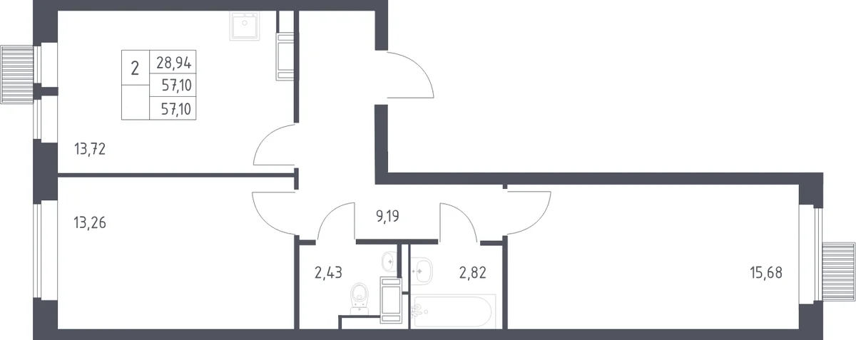 Планировка: 2-комнатная квартира 57,1 м² в ЖК «Большое Путилково»