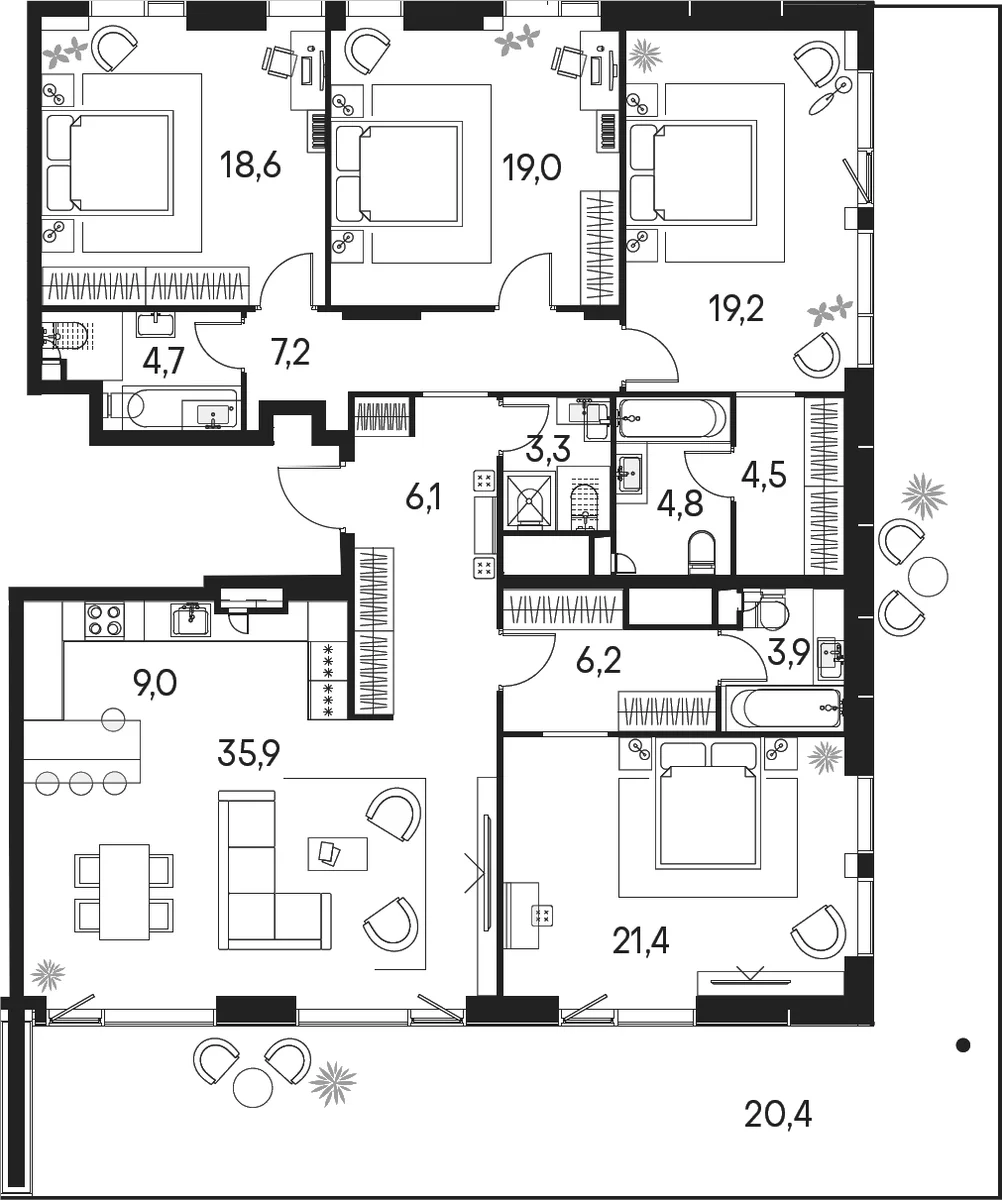 Планировка: Квартира евро-5 163,8 м² в ЖК «Клубный город на реке Примавера»