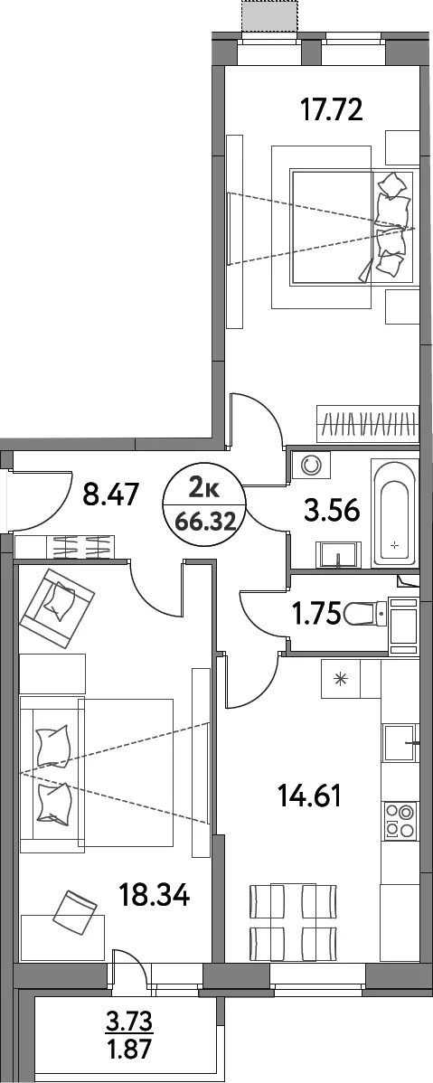 Планировка: 2-комнатная квартира 64,5 м² в ЖК «Дом на Сиреневой»