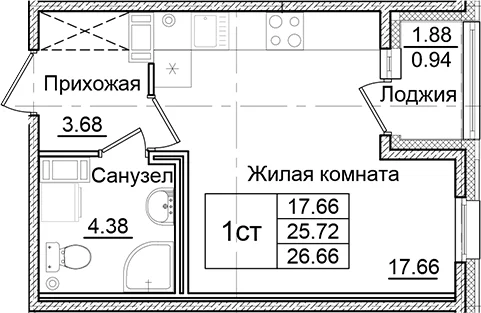 Планировка: Студия 25,7 м² в ЖК «Квартал Заречье»