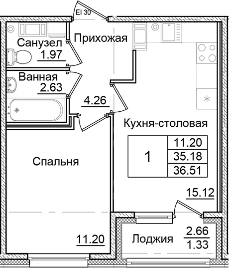 Планировка: 1-комнатная квартира 35,2 м² в ЖК «Квартал Заречье»