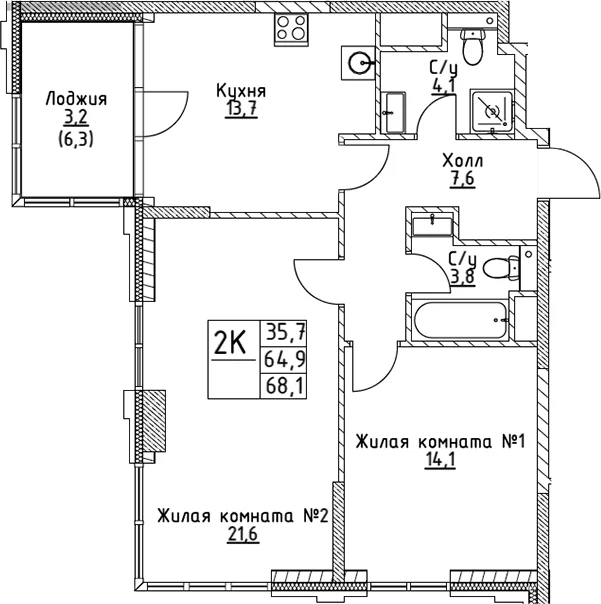 Планировка: 2-комнатная квартира 64,9 м² в ЖК «ВЭРИ на Миклухо-Маклая»