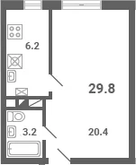 Планировка: 1-комнатная квартира 29,8 м² в ЖК «Южная Долина»
