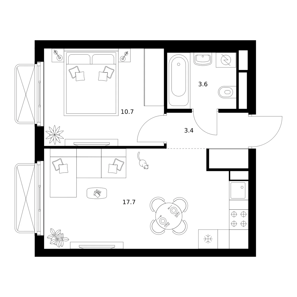 Планировка: 1-комнатная квартира 35,4 м² в ЖК «2-й Иртышский»