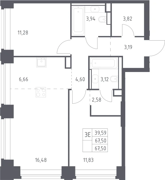 Планировка: Евротрёшка 67,5 м² в ЖК «НОВА»