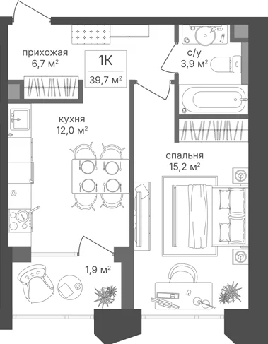 Планировка: 1-комнатная квартира 37,8 м² в ЖК «Петровский Парк II»