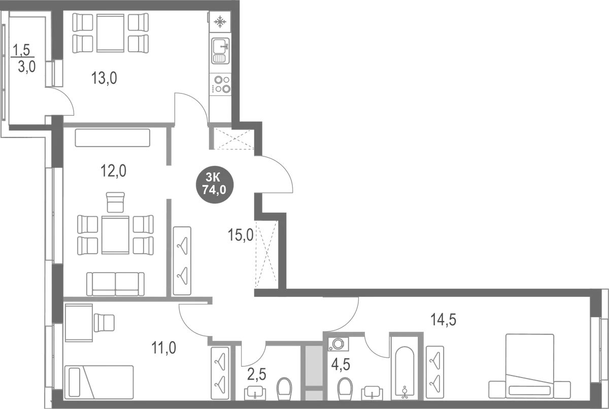 Планировка: 3-комнатная квартира 72,5 м² в ЖК «Котельники парк»