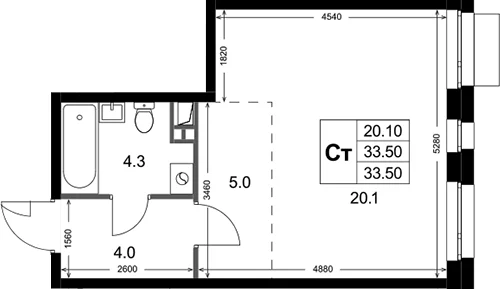 Планировка: Студия 33,5 м² в ЖК «Кореневский Форт 2.3»