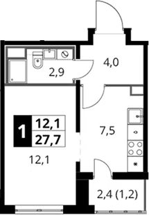 Планировка: 1-комнатная квартира 26,5 м² в ЖК «Южная Битца»