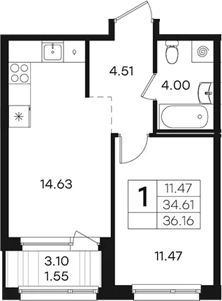 Планировка: 1-комнатная квартира 34,6 м² в ЖК «Парголово»
