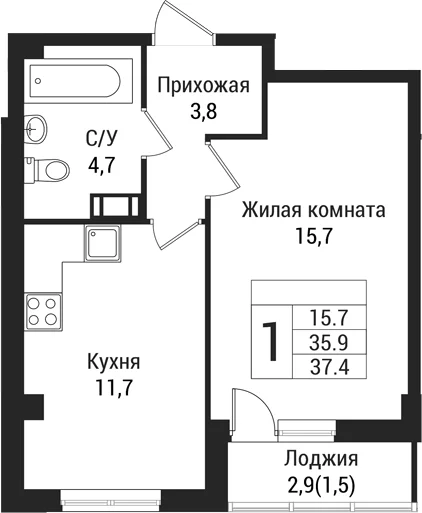 Планировка: 1-комнатная квартира 35,9 м² в ЖК «Южная Заря»