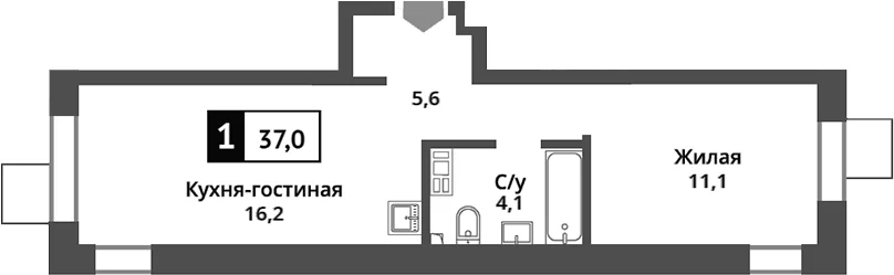Планировка: Евродвушка 37 м² в ЖК «Никольский квартал Отрада»