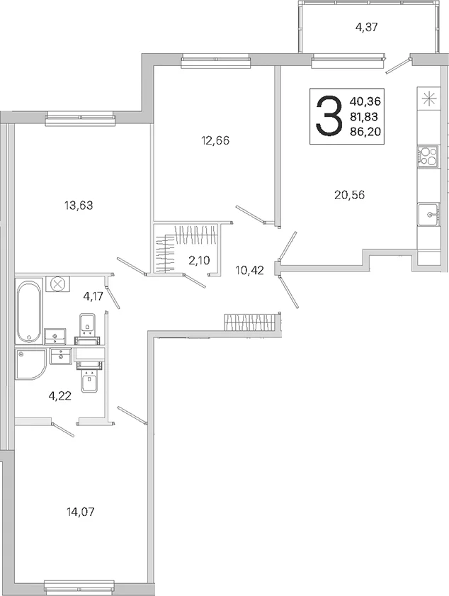 Планировка: Квартира евро-4 81,8 м² в ЖК «ЮгТаун. Олимпийские кварталы»