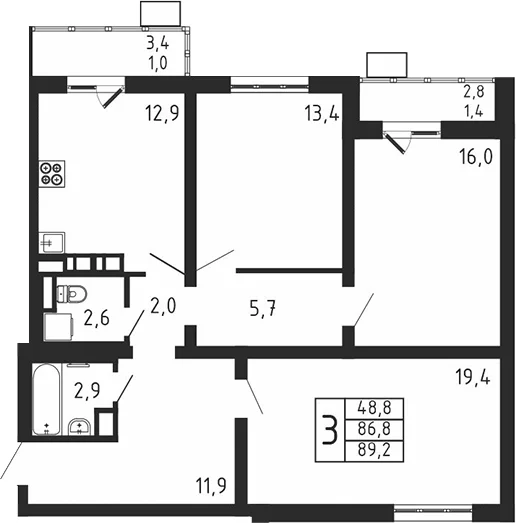 Планировка: 3-комнатная квартира 86,8 м² в ЖК «Пироговская ривьера»