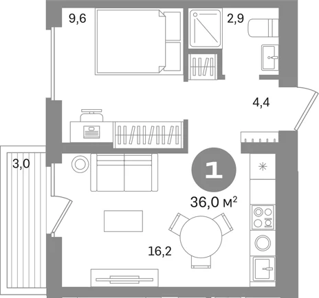 Планировка: 1-комнатная квартира 33 м² в ЖК «Первый квартал. Вторая очередь»
