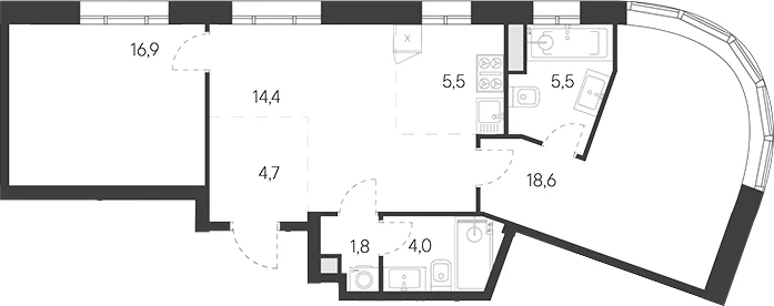 Планировка: Евротрёшка 71,4 м² в ЖК «Родина Переделкино»