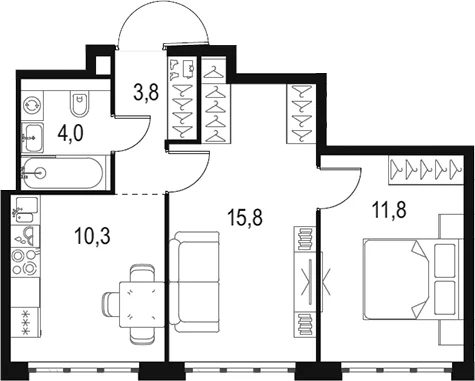 Планировка: 2-комнатная квартира 45,7 м² в ЖК «Левел Южнопортовая»