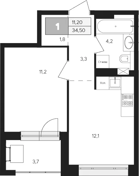 Планировка: 1-комнатная квартира 32,7 м² в ЖК «Ласточкино»