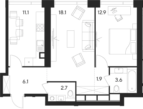 Планировка: 2-комнатная квартира 56,4 м² в ЖК «Инди Тауэрз от Аквилон»