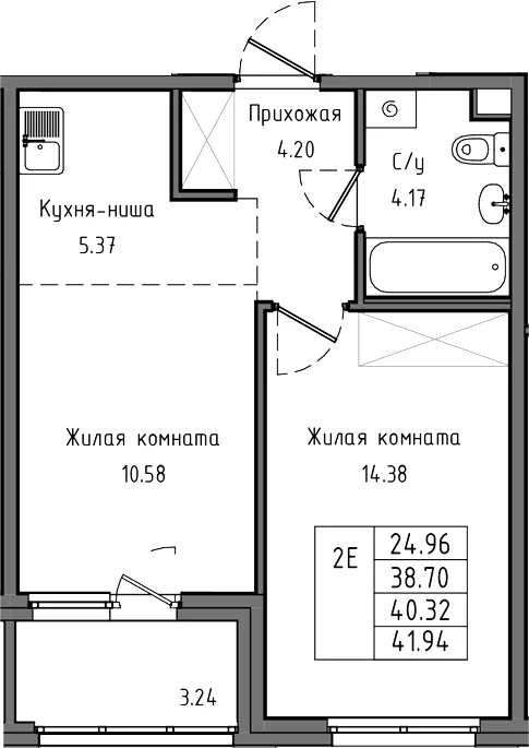 Планировка: Евродвушка 38,7 м² в ЖК «Тишин»